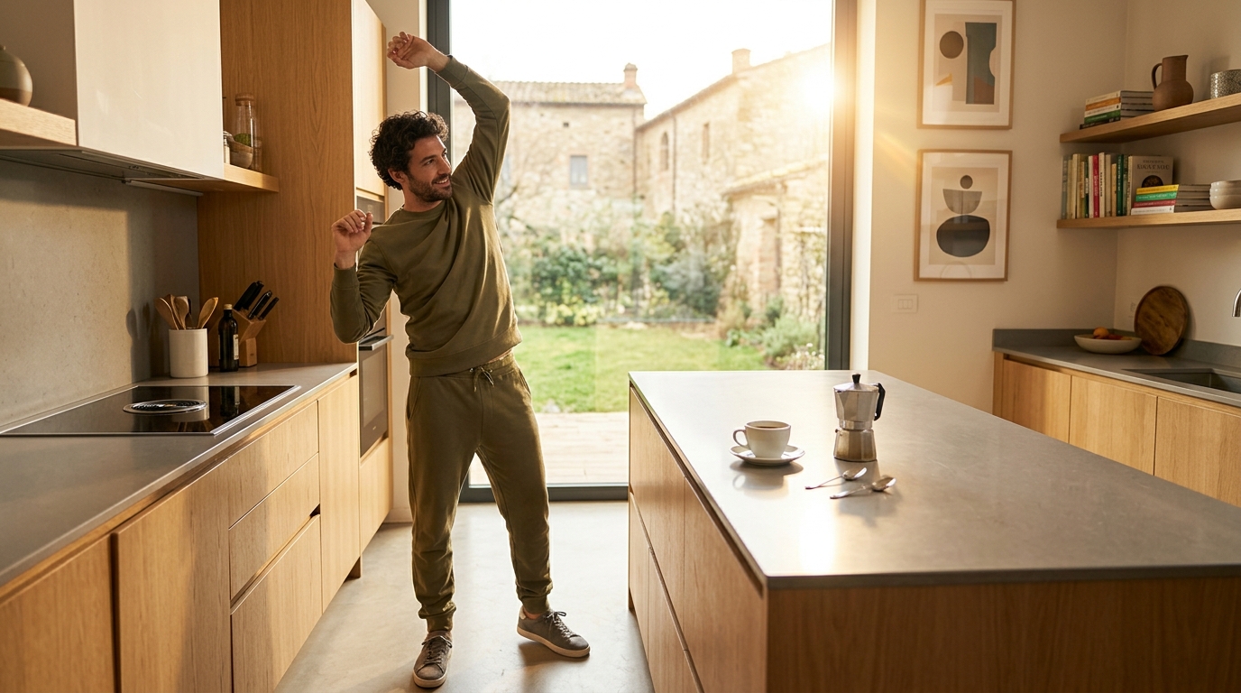 Uomo italiano che si allena leggermente in una cucina luminosa al mattino
