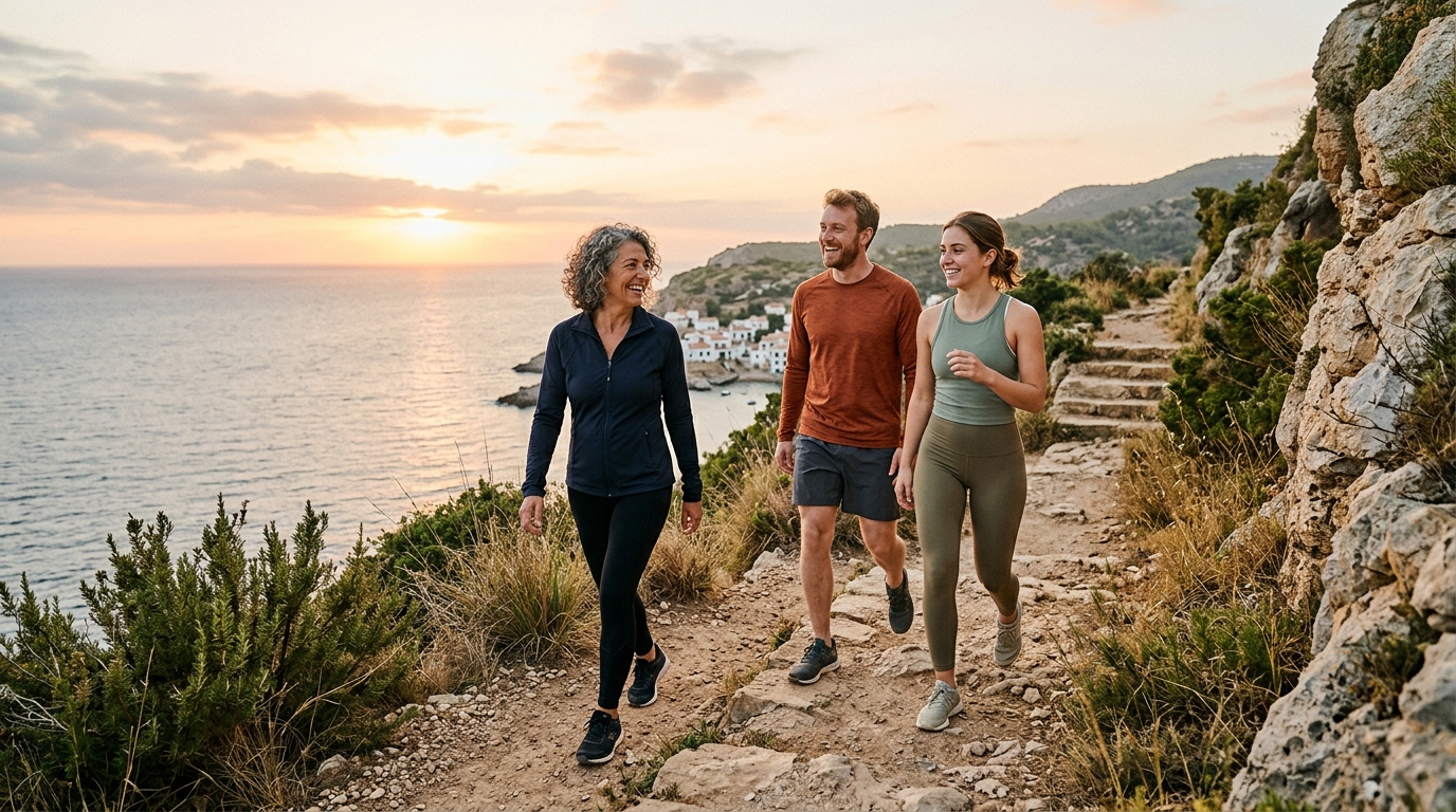 Persone che camminano lungo un sentiero costiero al mattino in Italia